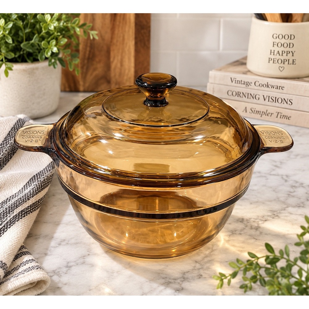 Corning Visions V-20-B Amber Glass 2L Covered Casserole Dish w/ Lid France